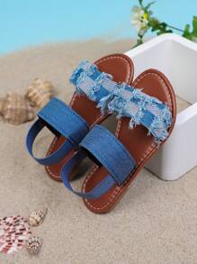 1 Pair New Style Children's Fashion Flat Sandals, Canvas Elastic Strap Design, & Versatile, Suitable For Girls Outdoor, Casual, Beach Wear