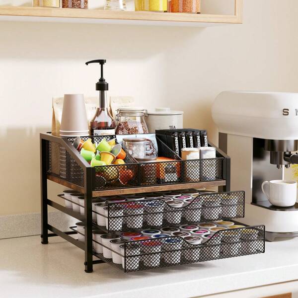Coffee Bar Organizer - Coffee Station For Countertop, Metal And Wood Holder Storage Basket For Coffee Pods, Syrup, Cups, Stirrer, Coffee Condiment, Tea Organizer, Black And Brown, Back To School Supplies