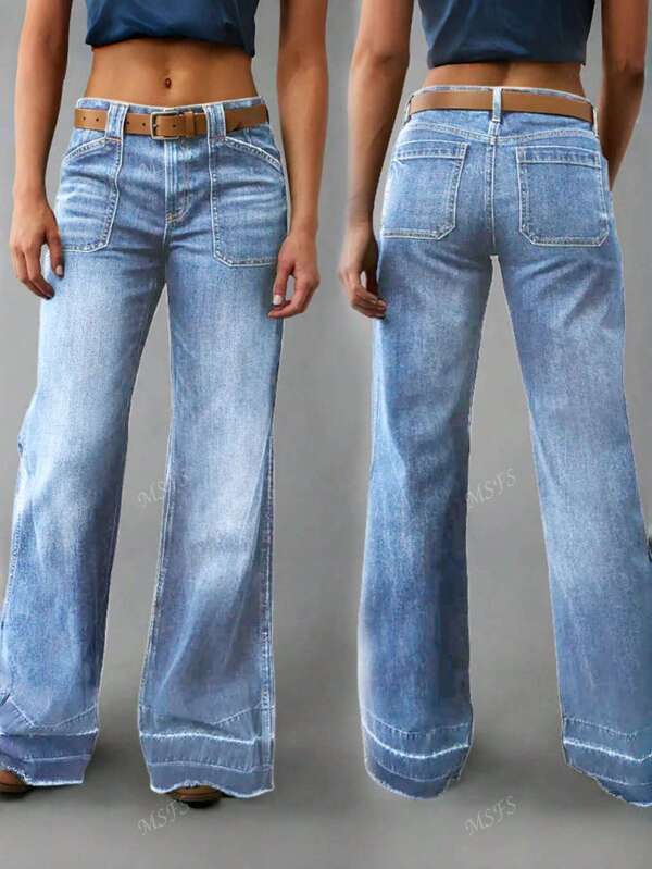 Jeans de pierna ancha con bolsillos delanteros y traseros con diseño de diamantes y dobladillo desmontable para mujeres