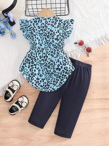时尚复古女婴豹纹不对称上衣和宽松豹纹薄裤两件套