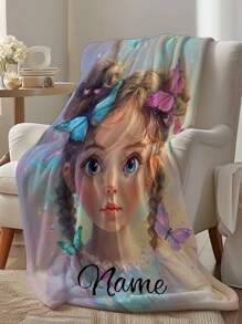 1 pieza Manta de sofá con temática de niña mariposa personalizada, admite texto personalizado, decoración de hogar romántica y soñadora, manta apta para cumpleaños, Día del Padre, graduación, boda, Navidad, sofá, cama, coche, dormitorio, sala de estar, regalo único y personalizado
