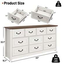 Farmhouse 10 Drawer Dresser For Bedroom, 63" Wood Chest Of Drawers With Rustic Handles, Wide Closet Dressers Organizer, Living Room, Hallway, Bedroom Furniture - White-10 Drawers - 查看 2