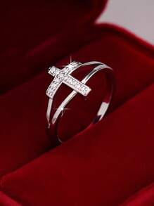1pc Elegant & Geometric Cross & Heart Zirconia Ring, Suitable For Women/Men, Couples, Valentine's Day Gift, Daily Outfit, Party Accessory