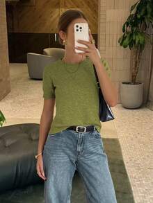FOR BEAUTY Spring And Summer And Autumn New Women's Simple Temperament Commuting Pullover, Street Elegant College Casual Style, Small Round Neck Green Solid Color Christmas Knit Top - Xanh thảo quả - Xem 4