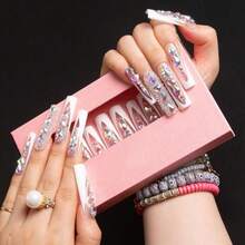 Handmade Press On Nails 10PCS - White Glam With 3D Crystal Rhinestones & Rainbow Sparkle, Long Stiletto Nails For Party Wedding Daily ( Hypoallergenic) - White - View 2