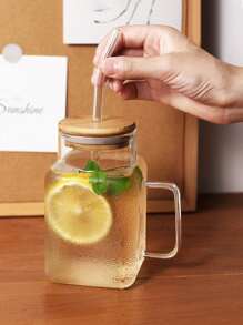 1pc Square Glass Cup With Handle, Glass Cup With Bamboo Lid And Glass Straw, Transparent Beverage Cup, Iced Coffee Cup, Beverage Can, Juice Wide Mouthed Cup, Tea, Milkshake, Reusable Tableware, For Home And Office Use, Adult, Male And Female Gifts