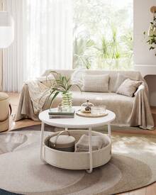 VASAGLE - Mesa de Centro Redonda con Almacenamiento, Mesa Central Redonda para Sala de Estar con Cesta de Tela, Estilo Moderno, Marco de Metal, Blanco Mate y café Camello ULCT244W10 - Blanco - Ver 5