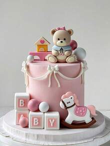 1pc Cute Teddy Bear Cake Topper Decoration, Cartoon Baby Wooden Horse Cake Decoration For Baby Birthday