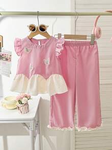 2pcs/Set Girls Solid Color Round Neck Bowknot Fashionable Top And Loose Fit Pants, Cute Casual Outfit - Pink - View 1
