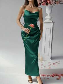 Váy Polly mùa hè cho nữ, Váy lụa dài màu trơn, Váy cưới cho nữ, Quần áo mùa thu cho nữ, Quần áo trở lại trường, Váy dự tiệc cho nữ, Váy trễ vai, Váy dạ hội, Váy dài hở chân thanh lịch và gợi cảm, Váy dạ hội cho nữ, Trang phục Halloween cho nữ, Trang phục đêm hẹn hò cho nữ, Trang phục Giáng sinh cho nữ - Màu xanh lá cây đậm - Xem 2