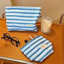 L/M/S Set Includes Makeup Bag, 1pc Foldable Blue And White Striped Makeup Bag, Fashion Vacation Style Cosmetic Pouch, Handheld Makeup Bag, Big Capacity Toiletry Bag, Pillow Bag, Simple Striped Ladies' Clutch, Bathroom Shower Storage Cosmetic Bag, Wallet, Travel Essentials, Beach/School Supplies, College Dorm Necessities - [H&R BAG]For Summer Holiday Back To School School Stuff Bag For School Travel Bag For Women Makeup Bag For Travel Make Up Bag - Blue and White - View 1