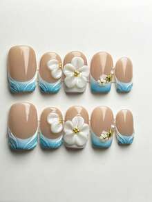 10 piezas de pegatinas de uñas hechas a mano, degradado azul veraniego floral de manicura francesa, diseño floral 3D, elegante acabado brillante minimalista de longitud media cuadrada, punta francesa azul, estilo costero de vacaciones, uñas primaverales lindas, forma de pico de pato, sofisticado ambiente de vacaciones, uñas elegantes con relieve floral, uñas lindas y elegantes, adecuadas para mujeres y niñas para uso diario y de fiesta, uñas postizas de cobertura completa, suministros de uñas postizas largas hechas a mano - Multicolor - Ver 3