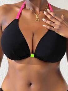 Slaydiva Summer Beach Plus Halter Triangle Black Bikini Top