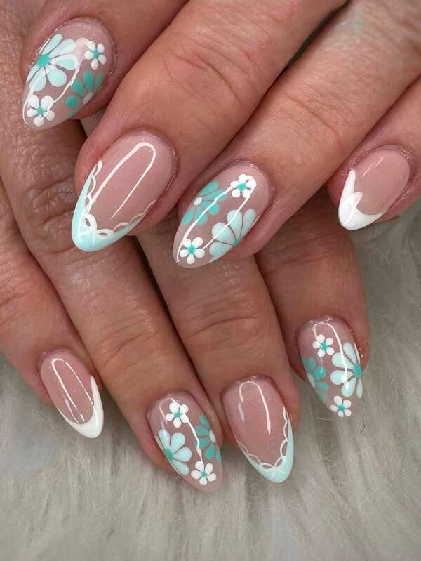 24 Pezzi di Strisce per Unghie Corte di Forma Ovale, Set di Adesivi per Unghie con Motivo Floreale a Bordi Blu e Bianchi (Inclusi: 1 Gel Trasparente, 1 Lime per Unghie), Adatto per Donne per Uso Quotidiano, Appuntamenti e Feste