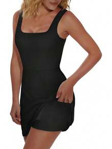 OFEEFAN Athletic Dress For Women Mini U Neck Sleeveless Built In Shorts With Pockets Tennis Golf Graduation - 藏蓝色 - 查看 8