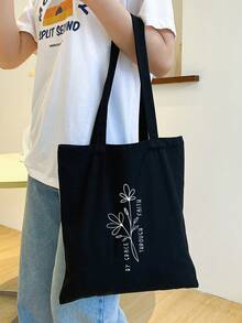 Floral Print Casual Versatile Daily Canvas Tote Bag - Black - View 6