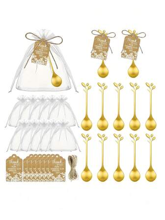 18/3-delars bröllopsfestgåvor, mini desserttesked i rostfritt stål, tackkort, organza presentpåse, brudgubbsgåva, födelsedagsfestgåva, lämplig för bröllop, brudgubb, tebjudning