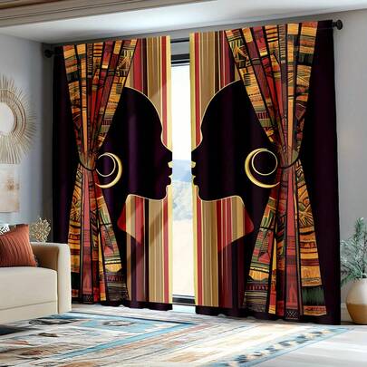 2pcs African Art Retro Print Curtains - Orange & Silhouette Curtains, 100% Polyester Peach & Beige Fabric, Semi-Sheer Modern Decor, Suitable For Living Room And Bedroom, Machine Washable, Bedroom Curtains, Cultural Home Decor, Soft Texture Material