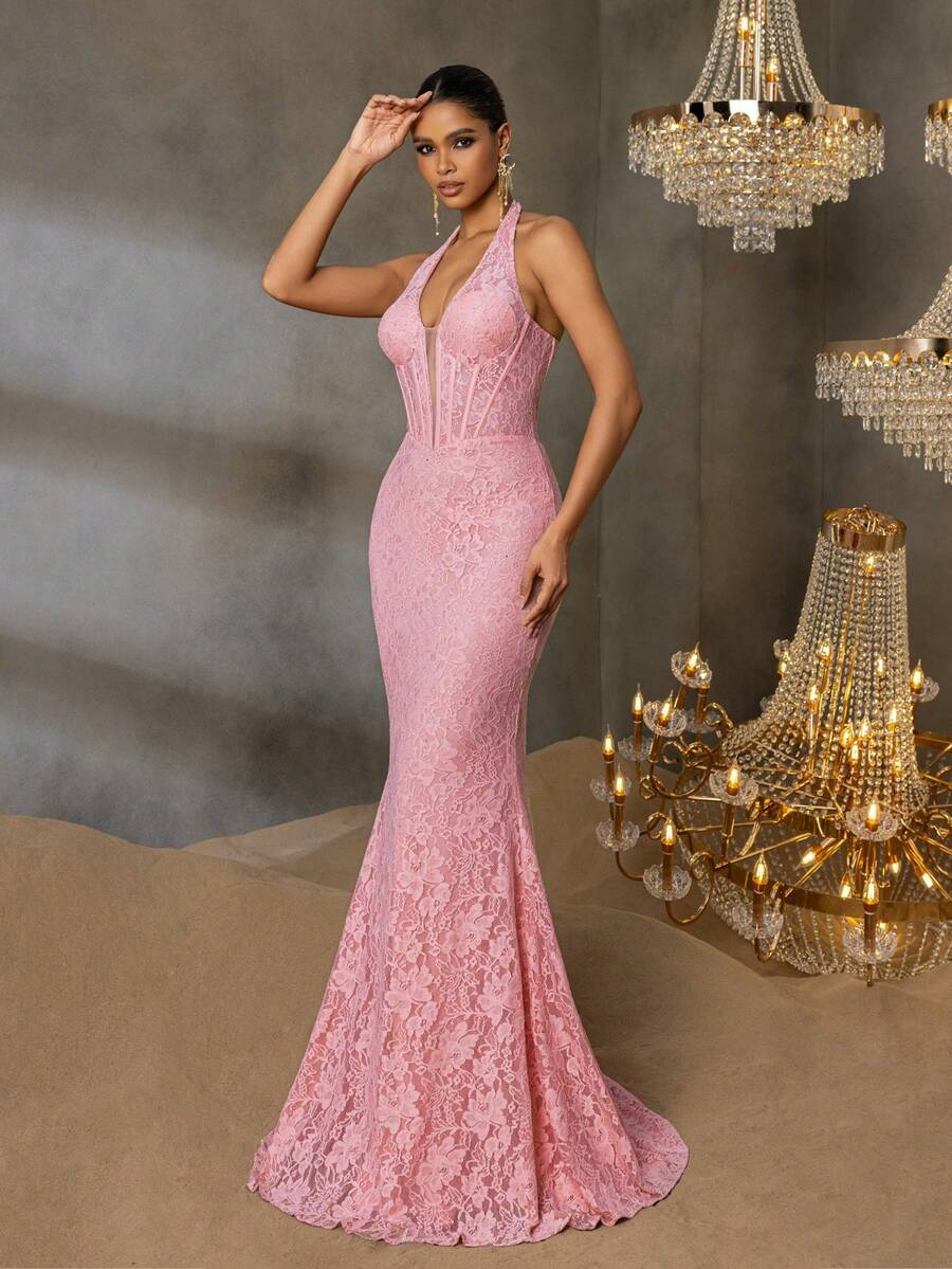 Faeriesty Elegante abito da sera in pizzo con collo a canottiera e profondo scollo a V - Corpetto strutturato, silhouette a sirena a coda di pesce, strascico lungo - Abito da cerimonia per gala, banchetti di matrimonio, balli di fine anno e feste di alto livello