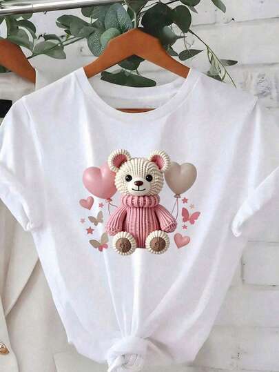Camiseta de manga corta casual de verano blanca con estampado de oso de peluche y globos para mujer de talla grande
