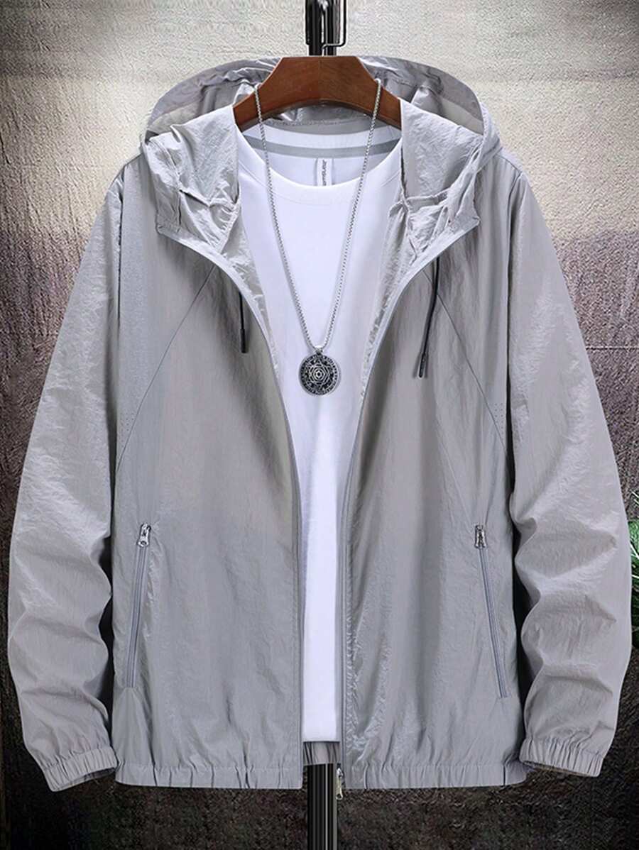 1 pieza Chaqueta cortavientos con capucha, bolsillos con cremallera, cordón ajustable para hombre, de corte slim, ligera y transpirable, para correr, senderismo y ciclismo al aire libre