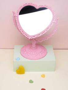 Joivida 复古桌面化妆镜，1 件双面心形 Y2K 风格 360 度旋转放大镜木制支架桌面梳妆镜，适合家用，梳妆镜，客厅家居卧室浴室家居装饰，旅行用品，婚礼，派对，生日，送给男士妈妈爸爸最好的朋友老师的礼物，新年，配饰，有趣的礼物 - 粉色 - 查看 2