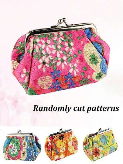 Vintage Floral Pattern Coin Purse, Random Floral Pattern Cutting, Women's Fashion Kiss-Lock Pouch, Can Hold Lipstick And Keys, Floral Coin Wallet, Embroidered Fabric Cosmetic Bag, Retro Cosmetic Storage Bag With Kiss-Lock