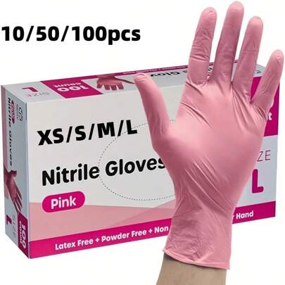 10/50/100 Stücke hellrosa puderfreie Einweg-Nitrilhandschuhe, für Haushalts- und Küchen-Reinigung, Bestseller (Größe XS, S, M, L)