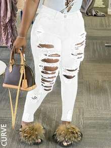 Plus Size Women's White Distressed Cotton Skinny Jeans, Sexy Versatile Summer Street Style Pants - White - View 2