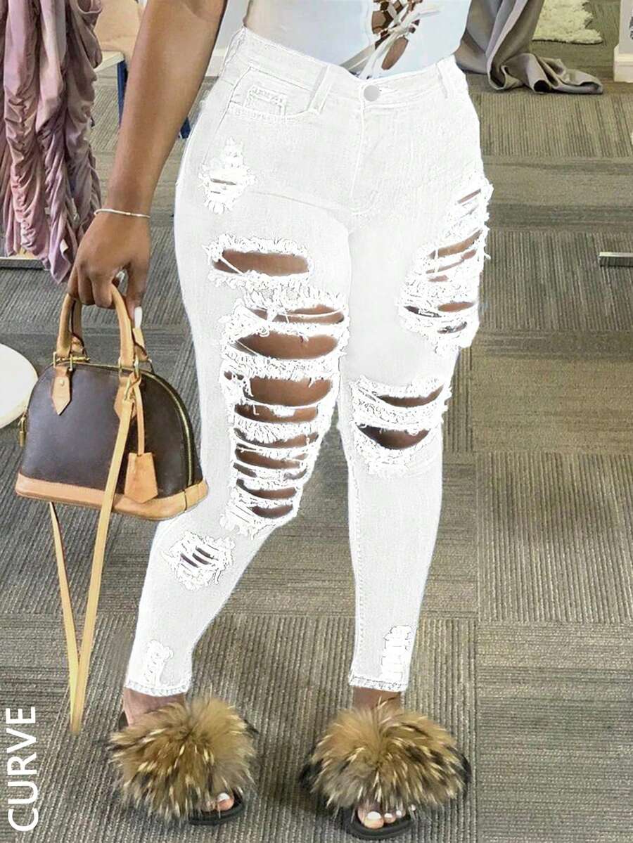 Plus Size Women's White Distressed Cotton Skinny Jeans, Sexy Versatile Summer Street Style Pants
