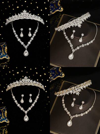 4件套优雅水钻女王皇冠项链耳环套装，新娘婚礼头饰，巴洛克风格珠宝，毕业典礼及圣诞节倒计时日历配饰