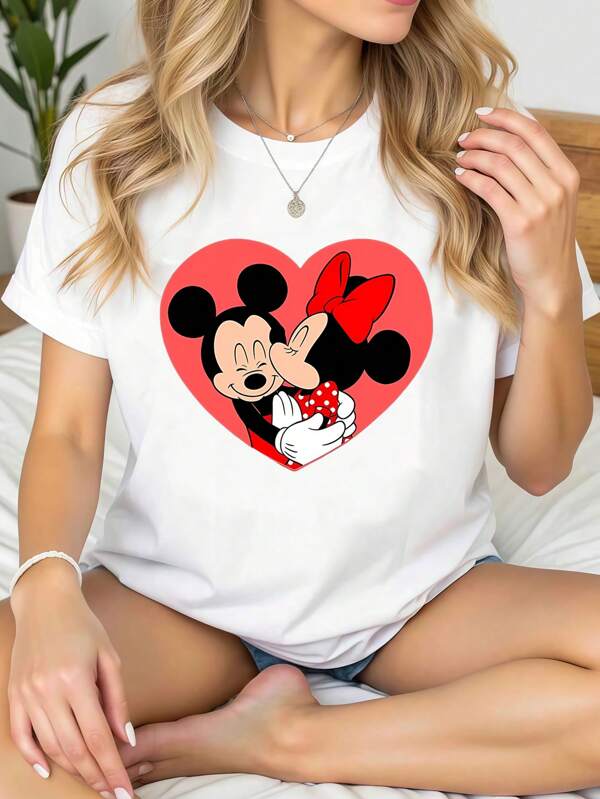 Disney Disney Women Home T-Shirt, Cartoon Mickey & Minnie Kissing Graphic On Heart Background, Comfortable T-Shirt