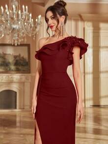 Elisanya Spring/Summer High Slit Wedding Party Guest Dress With Sequin Embellishment, Open Back & Ruffle Trim, Fitted - Burgundy - View 4