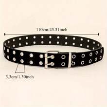 A Double Needle Metal Buckle With Black Retro Punk Strap, Hip-Hop PU Strap, Fashionable Casual Retro, Suitable For Daily Travel, Street Parties, And Holiday Wear - 黑色 - 查看 4