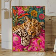 1pc, Canvas Hanging Picture, Framed, Vibrant Lion And Leopard Canvas Poster, Modern Art Wall Decor With Floral And Animal Patterns For Living Room, Bedroom, Bathroom, Home Office - Stylish Interior Home Decor, Room Decor
