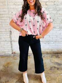 Acelitt Nueva blusa informal suelta de manga abullonada con estampado de lacito en color rosa claro de verano
