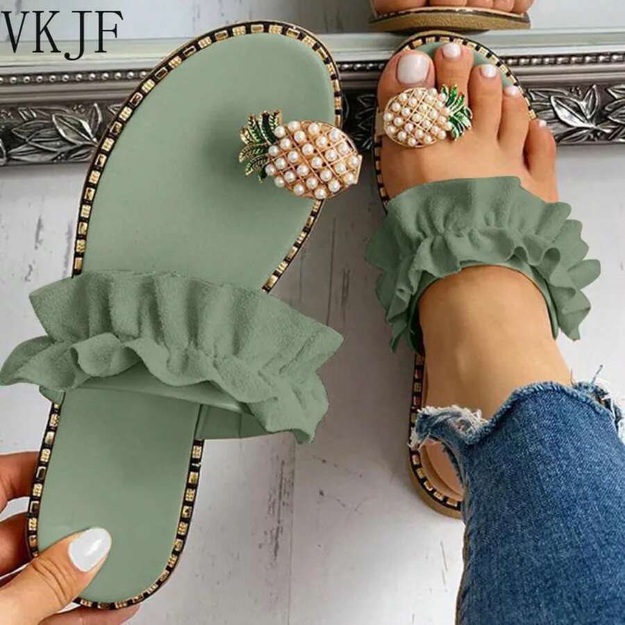 2025 Women's Slippers Pineapple Pearl Flat Toe Bohemian Summer Beach Sandals Women's Shoes Plus Size Mujer Verano