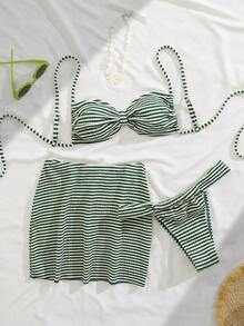 新款柔软条纹细肩带优雅性感三件式比基尼泳衣，女士夏季沙滩时尚泳装度假装 - 綠色 - 查看 2