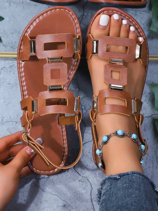 Sandali piatti da donna, in stile boho con colore unito, in pelle sintetica (PU) con fibbia, adatti per spiaggia, matrimonio, festa, ufficio, casa e attività all'aperto in estate