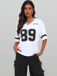 Locker geschnittenes V-Ausschnitt Oversized T-Shirt mit NEW YORK Aufdruck in Englisch und Zahlen Grafik Oberteile für Frauen