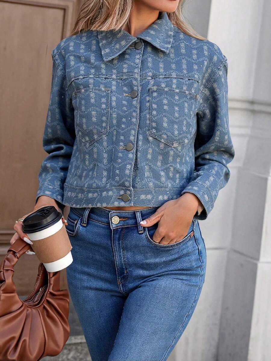 Blusa vaquera para mujer con margaritas, botones, bolsillos delanteros, remaches, informal, para uso diario - Azul - Ver 1