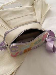 1 件装多巴胺色 PU 字母绗缝相机包，带双拉链和宽肩带，适合时尚女性的单肩包和斜挎包 - 米色 - 查看 9