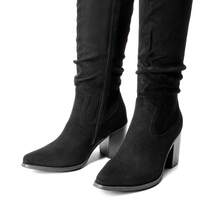 Women's Knee-High Boots, Comfortable Chunky Block Heel Pointed Toe Pull On Side Zipper Suede Slouch Riding Boots - Black - View 7