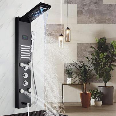 Panel de ducha LED Cepillado Tower Sistema de lluvia Sistema de cabezal de ducha Acero inoxidable 5 en 1 Columna de torre de ducha Ducha de mano Sistema de panel y caño de bañera
