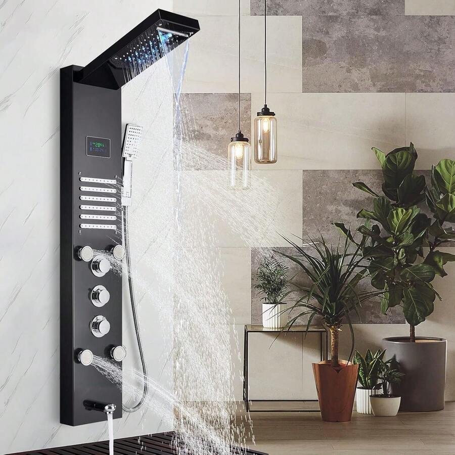 Panel de ducha LED Cepillado Tower Sistema de lluvia Sistema de cabezal de ducha Acero inoxidable 5 en 1 Columna de torre de ducha Ducha de mano Sistema de panel y caño de bañera - Negro mate - Ver 1