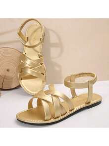 大码女式露趾交叉绑带舒适简约闪亮松紧带平底皮革拖鞋金色凉鞋，夏季休闲时尚户外沙滩鞋 - 金色 - 查看 6