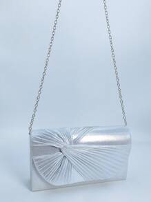 1pc Plain Glittery Knotted Clutch Purse, Silver Color Evening Bag Suitable For Parties, Banquets And Daily Use