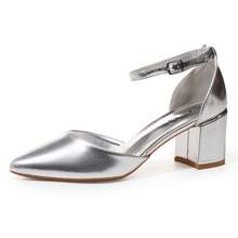 Women's Pointed Toe Chunky Heel Shoes With Ankle Strap, Elegant Design - Silver - View 1