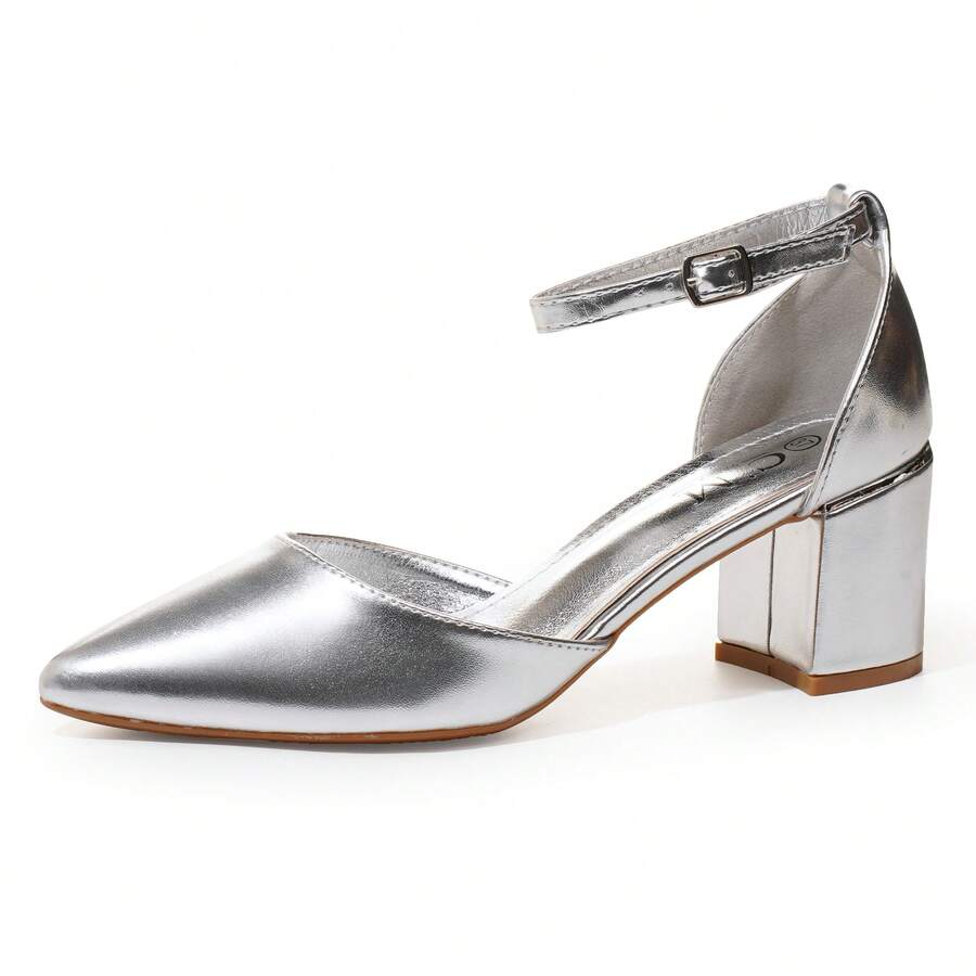 Women's Pointed Toe Chunky Heel Shoes With Ankle Strap, Elegant Design - Silver - View 1