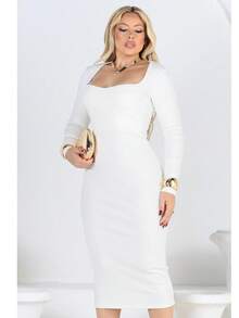 Ribbed Midi Dress With Long Sleeves And Neckline - Off - View 5